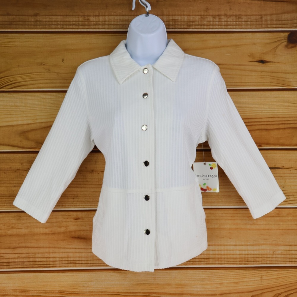 Breckenridge Snap Up Top Lightweight‎ Blazer Womens PS White 3/4 Sleeve Pockets